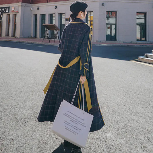 Plaid Wool Coat for Women - Mid-Length British Style