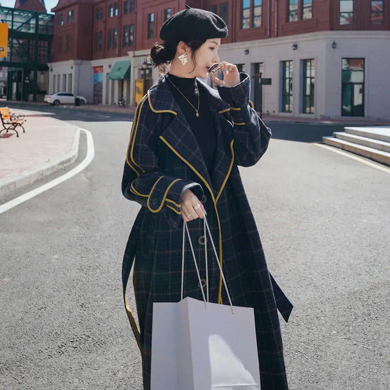 Plaid Wool Coat for Women - Mid-Length British Style