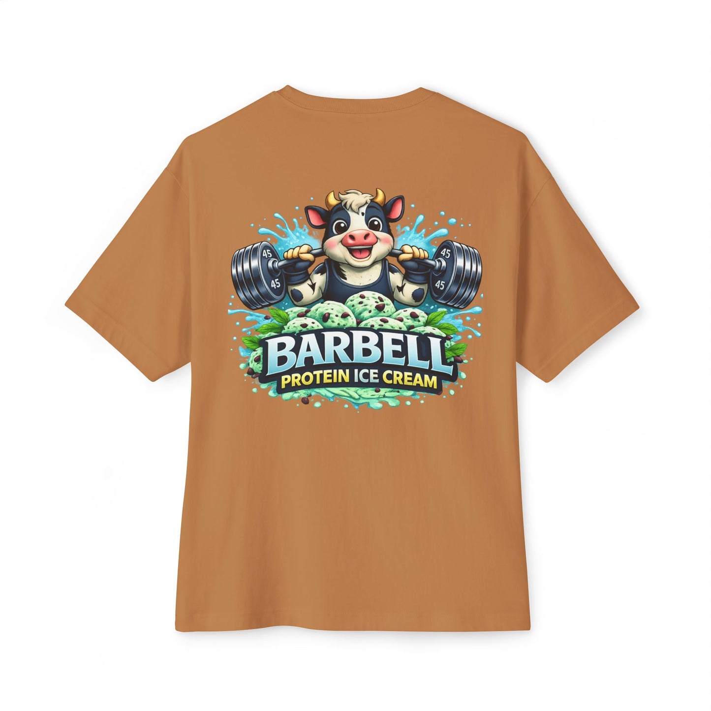 Barbell Protein Ice Cream Tee — Gym Pump Cover Cow Graphic Oversized T-Shirt