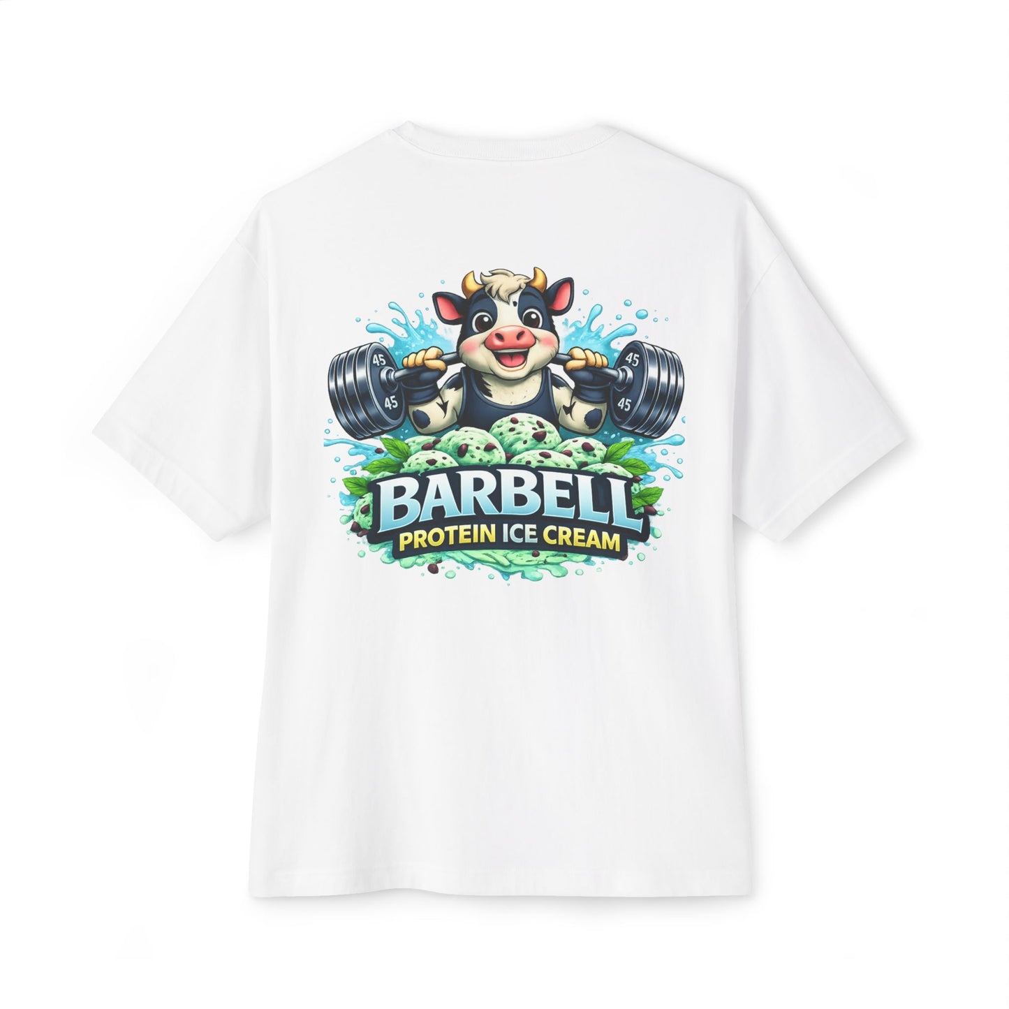 Barbell Protein Ice Cream Tee — Gym Pump Cover Cow Graphic Oversized T-Shirt