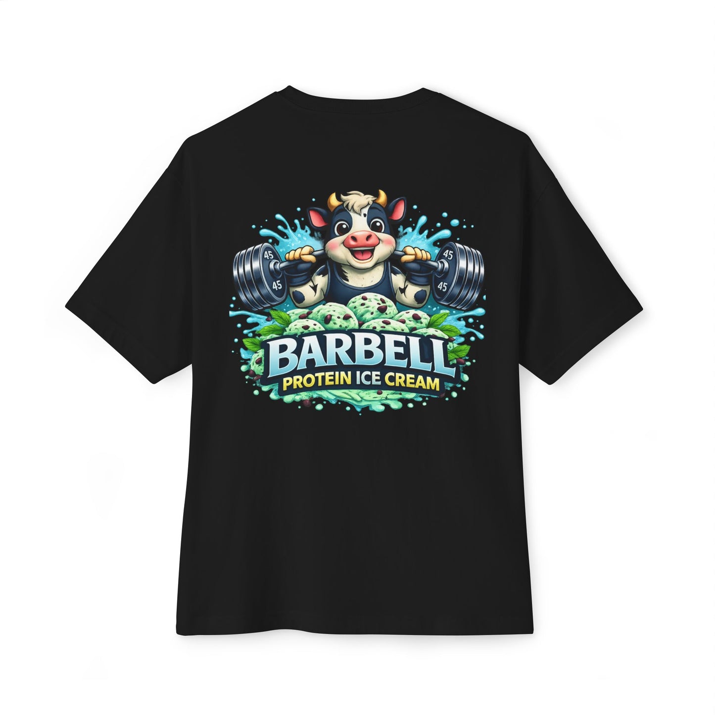 Barbell Protein Ice Cream Tee — Gym Pump Cover Cow Graphic Oversized T-Shirt