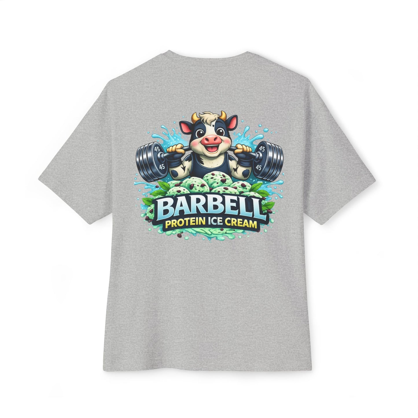 Barbell Protein Ice Cream Tee — Gym Pump Cover Cow Graphic Oversized T-Shirt