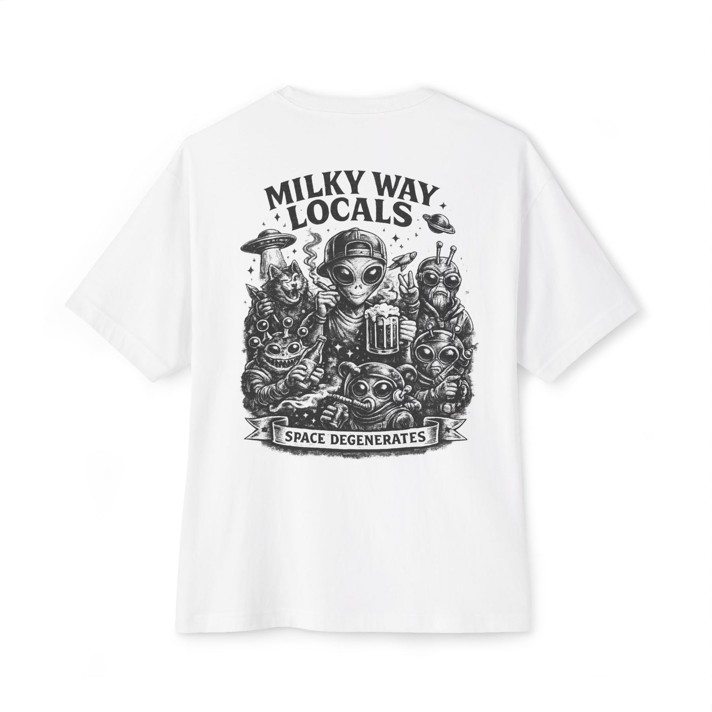 Milky Way Locals Graphic Tee — 'Space Degenerates' Alien Back Print