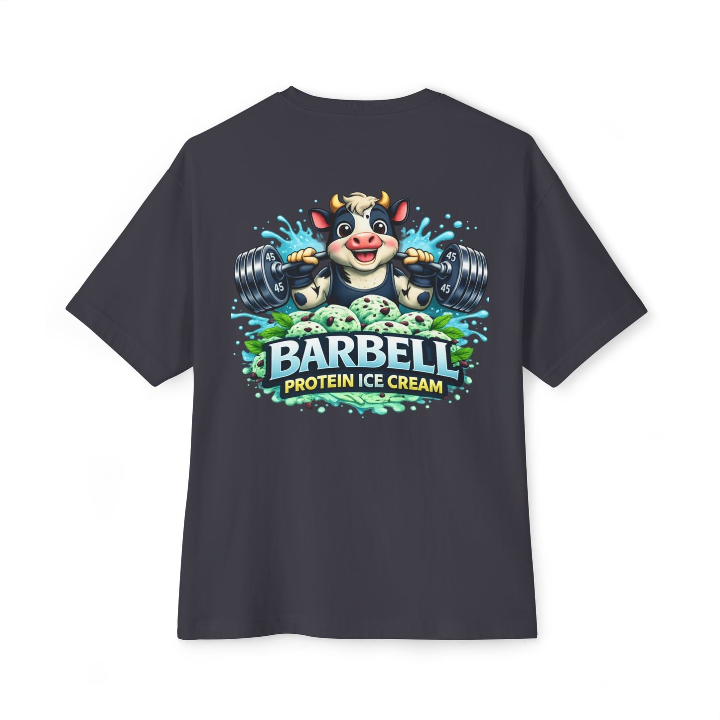 Barbell Protein Ice Cream Tee — Gym Pump Cover Cow Graphic Oversized T-Shirt