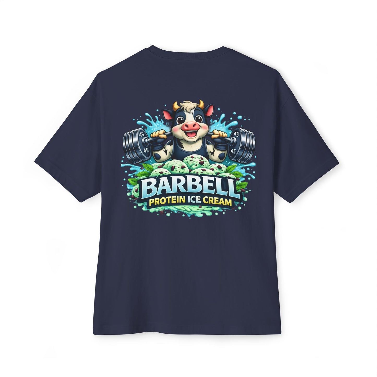 Barbell Protein Ice Cream Tee — Gym Pump Cover Cow Graphic Oversized T-Shirt