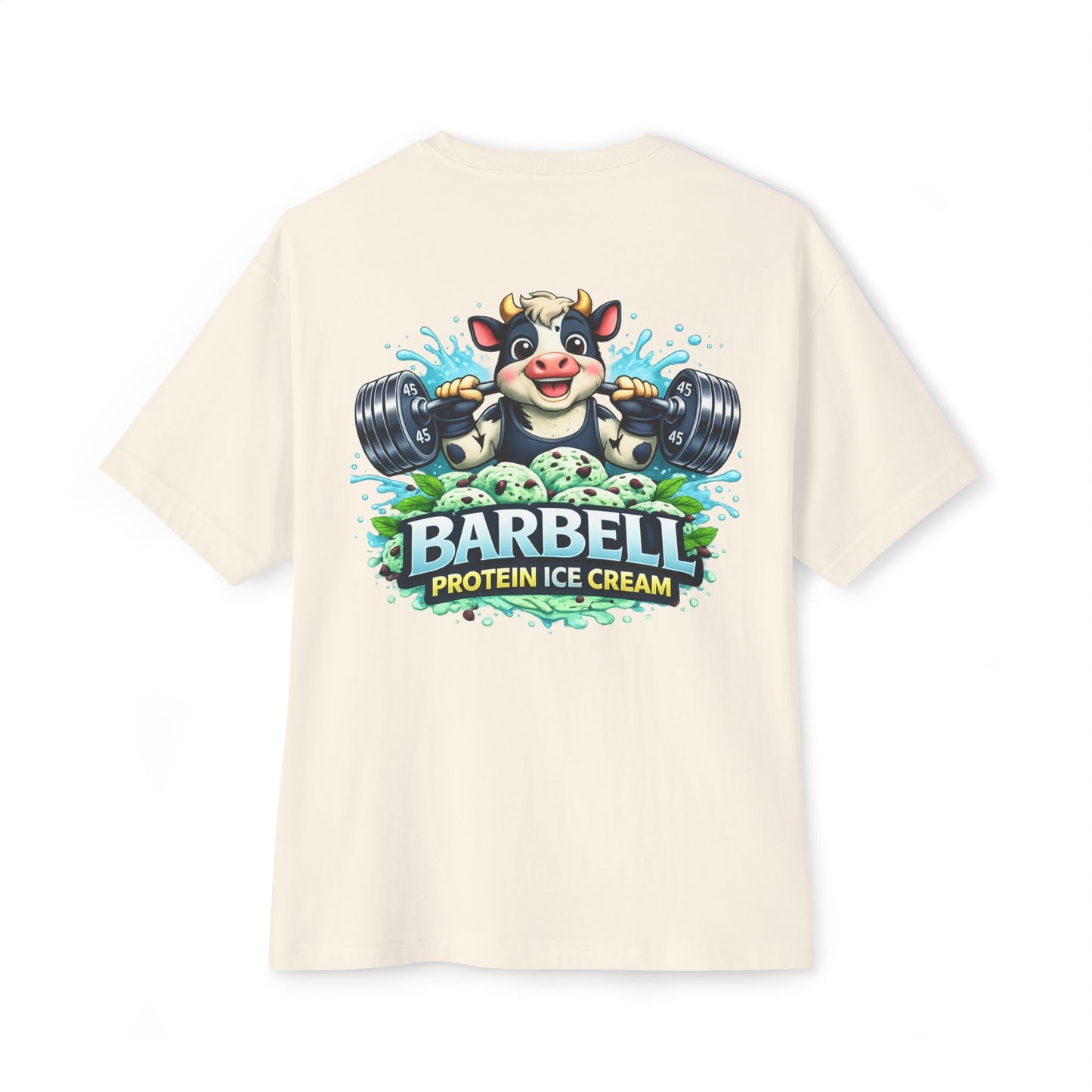 Barbell Protein Ice Cream Tee — Gym Pump Cover Cow Graphic Oversized T-Shirt