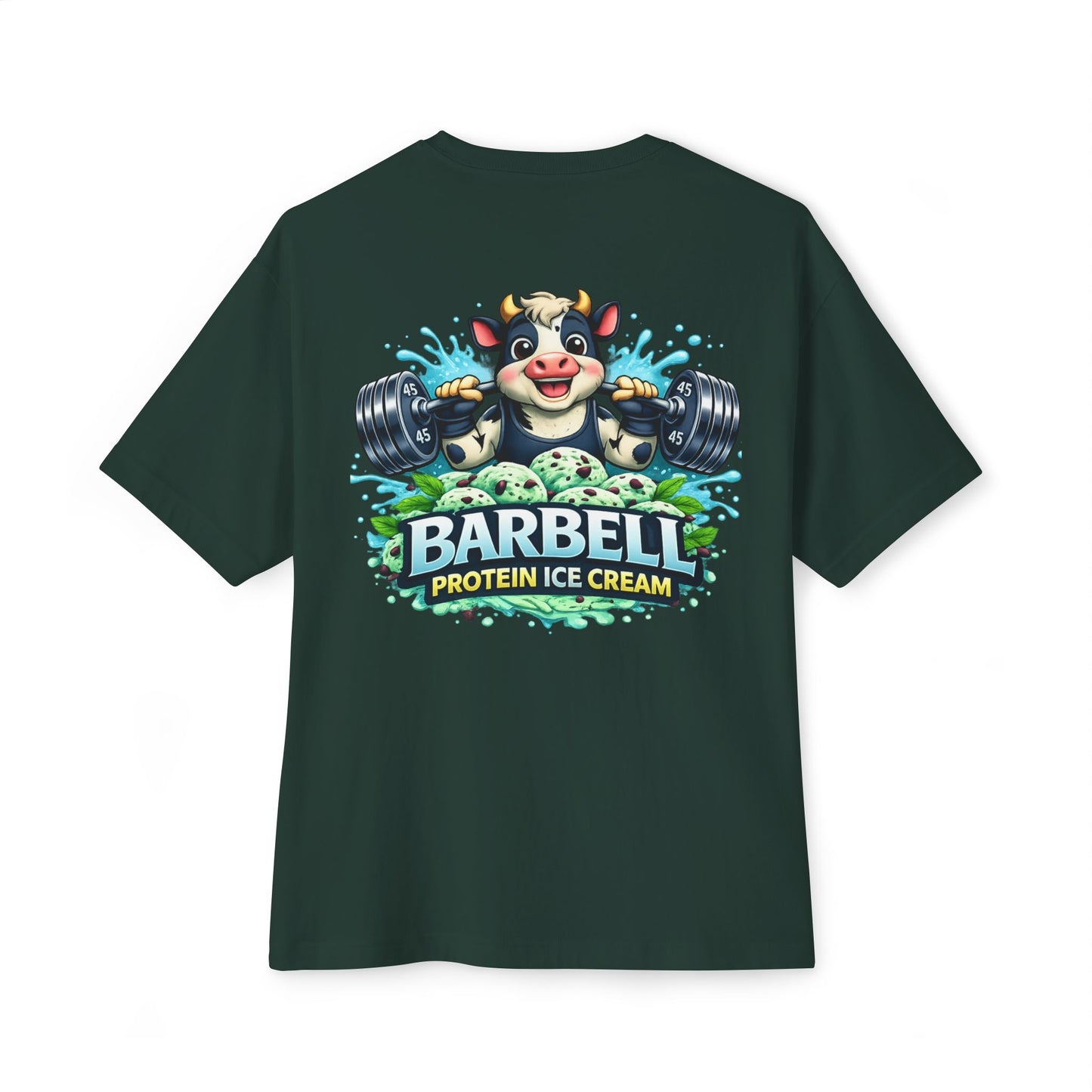 Barbell Protein Ice Cream Tee — Gym Pump Cover Cow Graphic Oversized T-Shirt