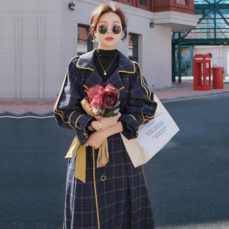 Plaid Wool Coat for Women - Mid-Length British Style