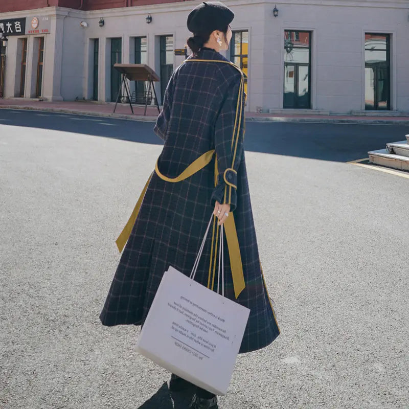 Plaid Wool Coat for Women - Mid-Length British Style