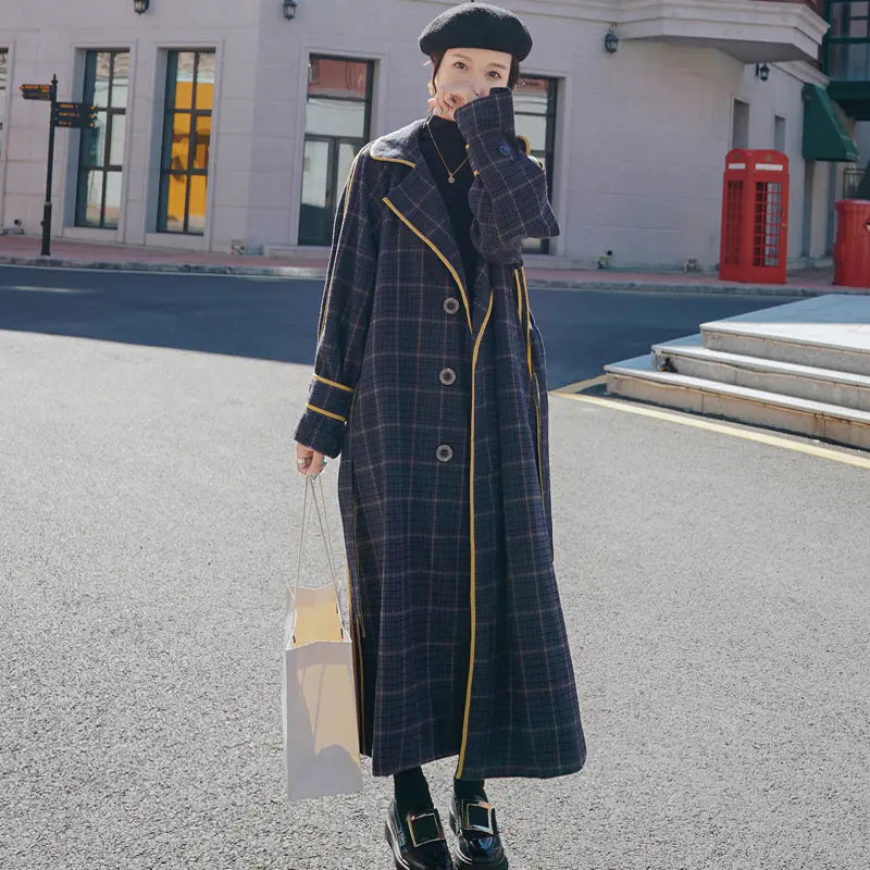 Plaid Wool Coat for Women - Mid-Length British Style
